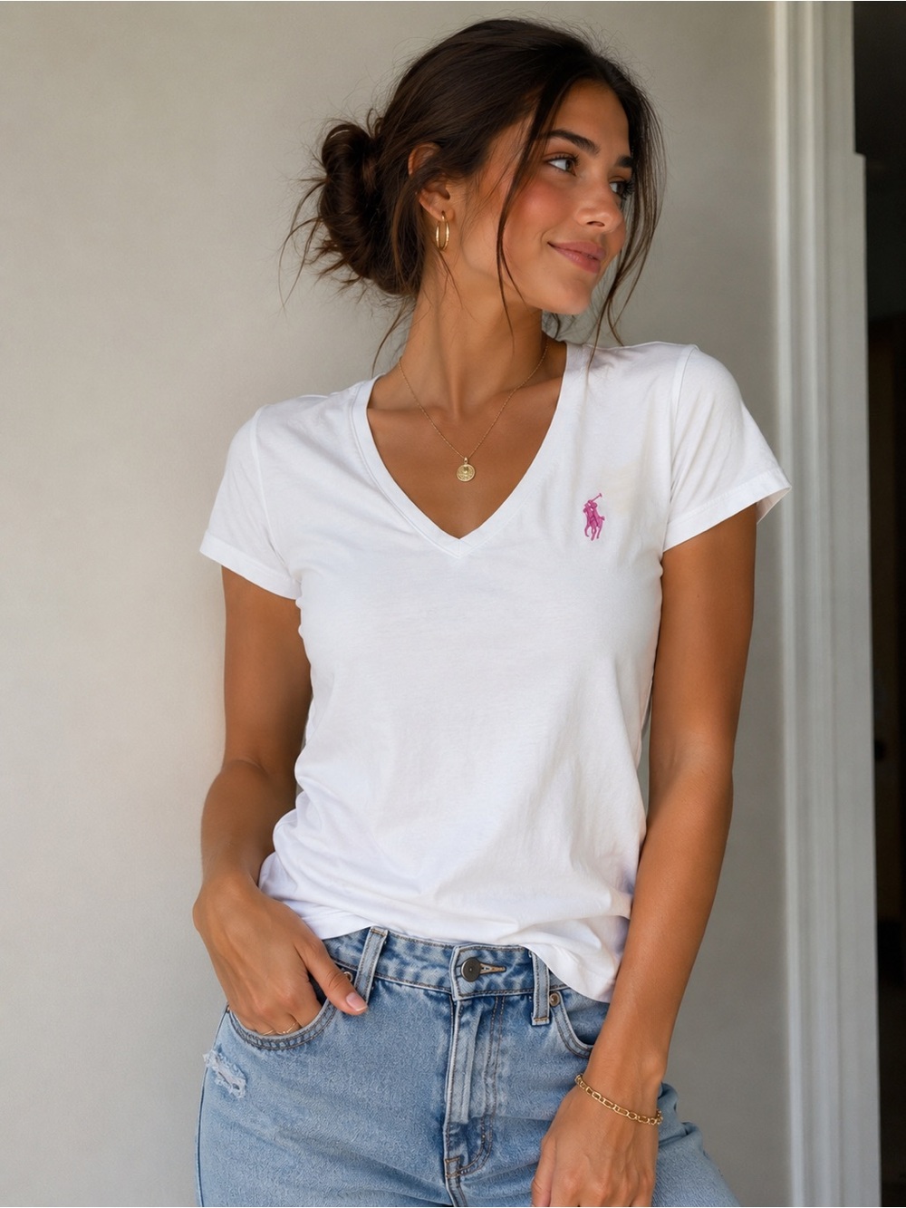 Ralph Lauren Sport White V-Neck Tee | Pink Pony Logo | Size Medium